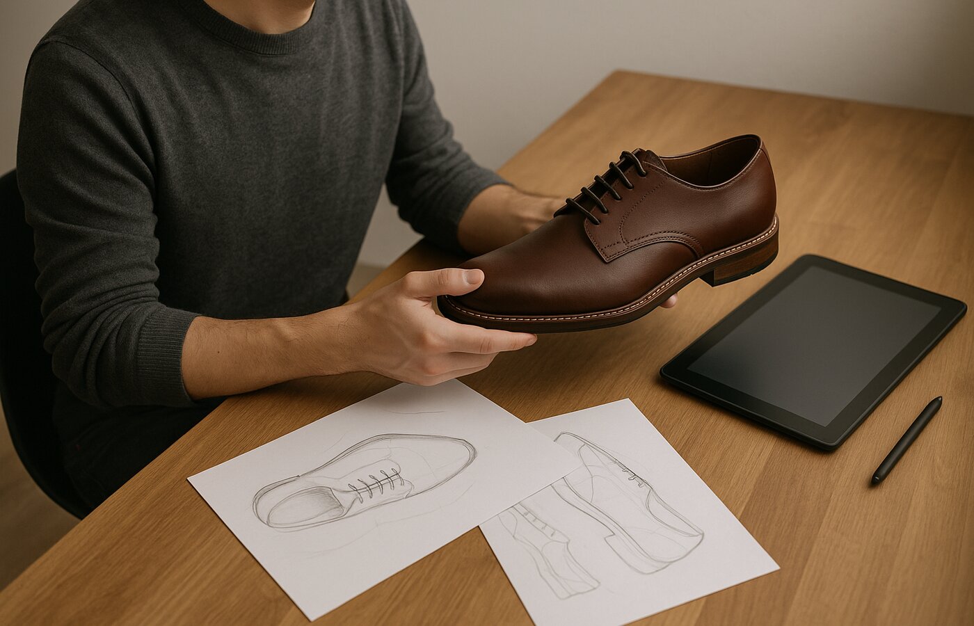 Diseñador industrial revisando prototipo de calzado con bocetos