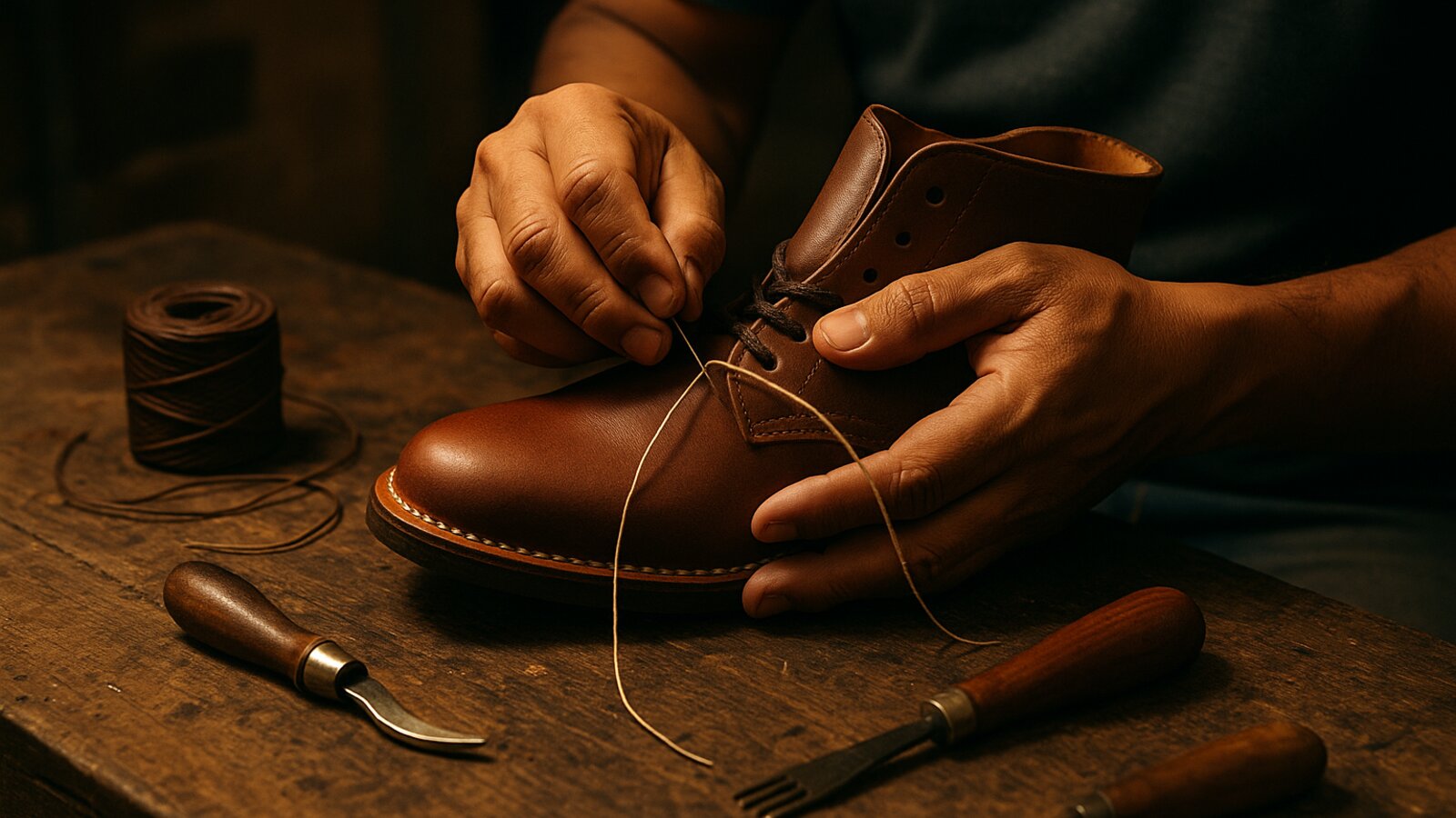 Artesano del cuero cosiendo a mano una bota en taller del Tolima