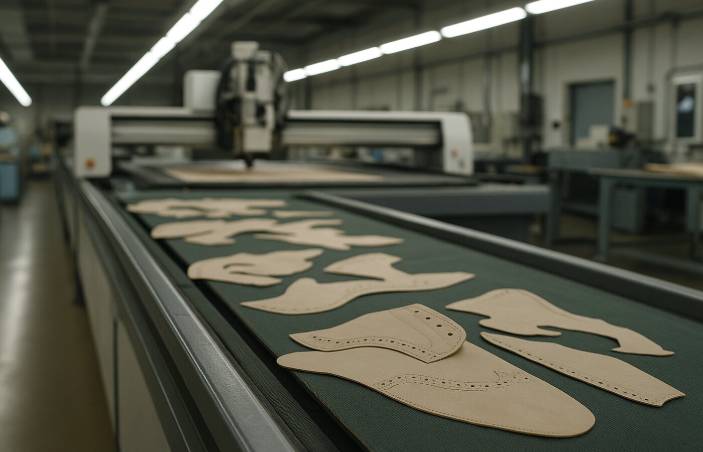 Línea de producción de calzado moderna con conveyor y maquinaria CNC